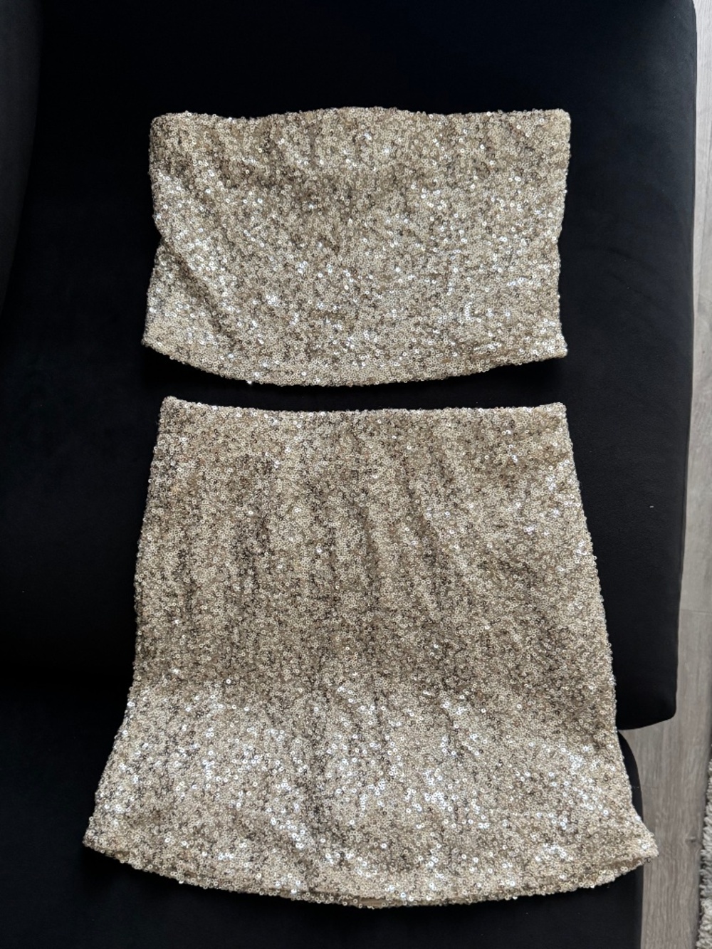 Matching sequence gold skirt and top